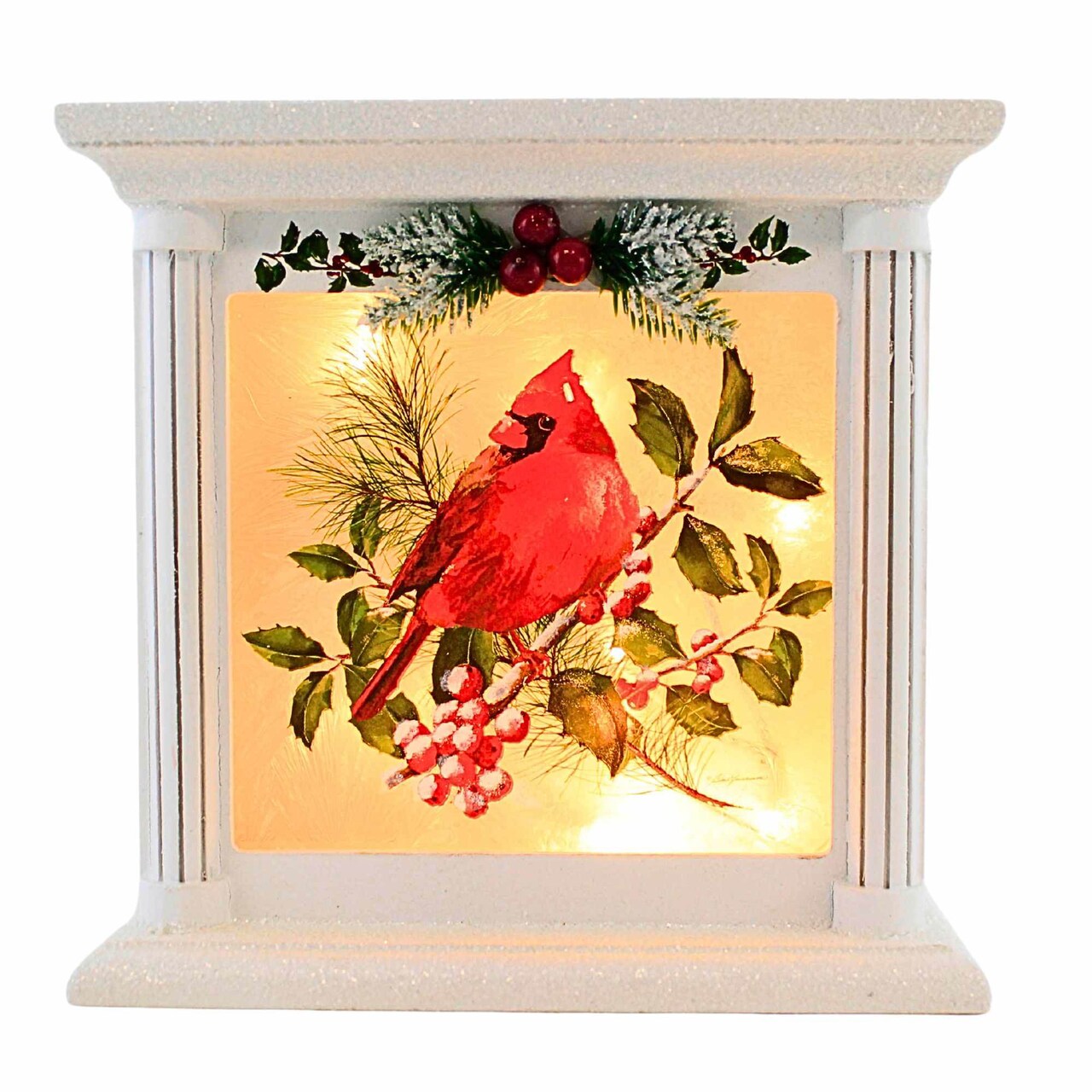 Stony Creek 7.5 Inch Cardinal W/ Holly Fireplace Christmas Lighted Glass Accent , Pre-Lit Electric Lights